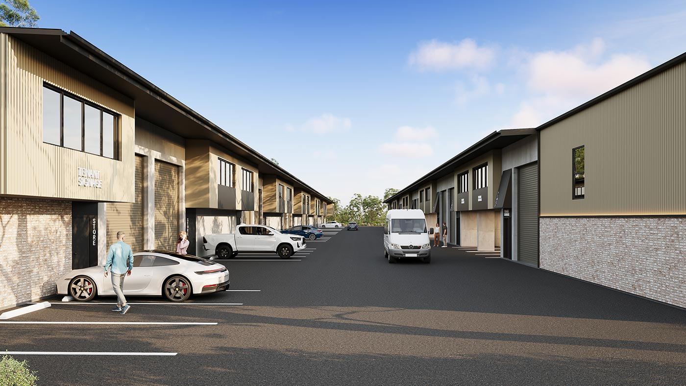 Modern industrial buildings with parking area